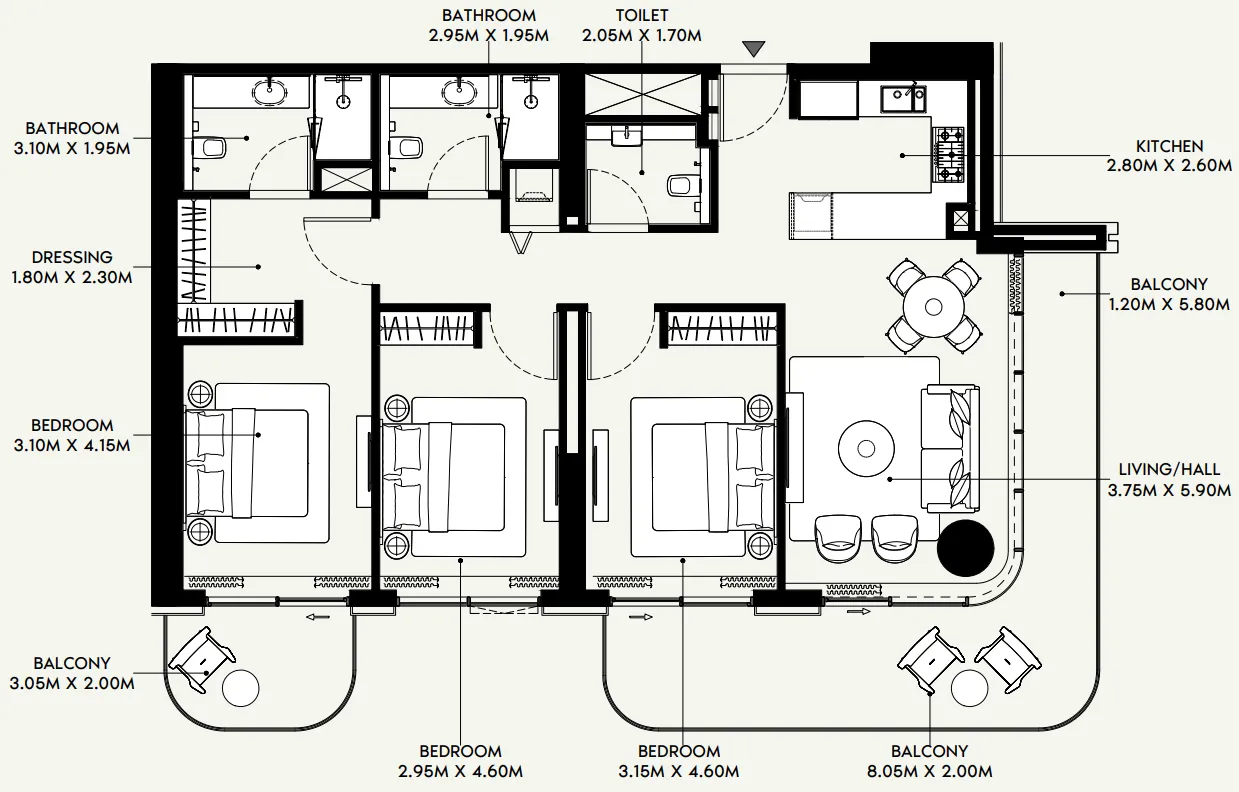 Azizi Venice 3 bed floor plan, 1,605 – 1,606 sqft