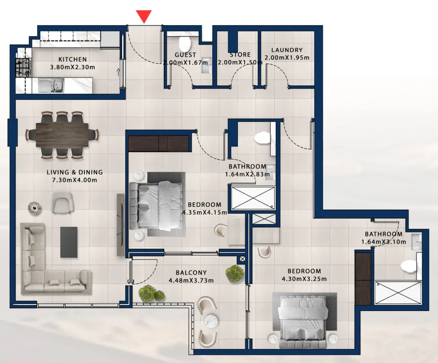 Asayel Avenue 2 bed floor plan, 1,432 sqft
