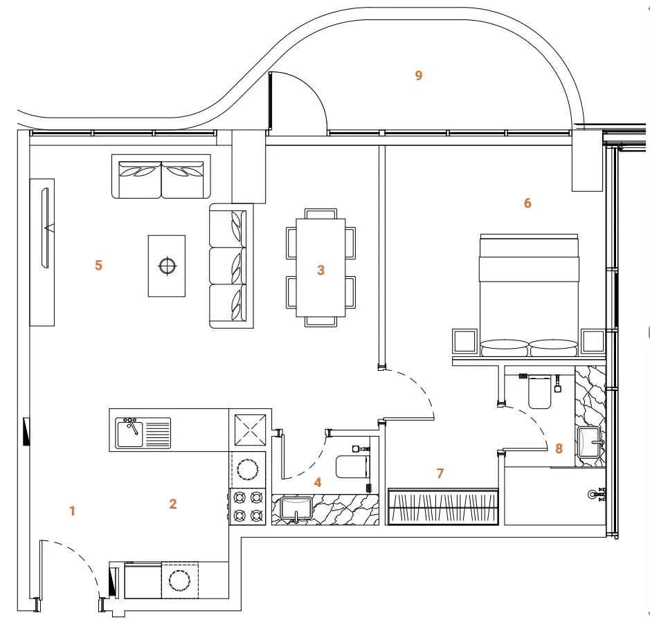 The Orchard Place Towers A & B 1 bed floor plan, 828 sqft