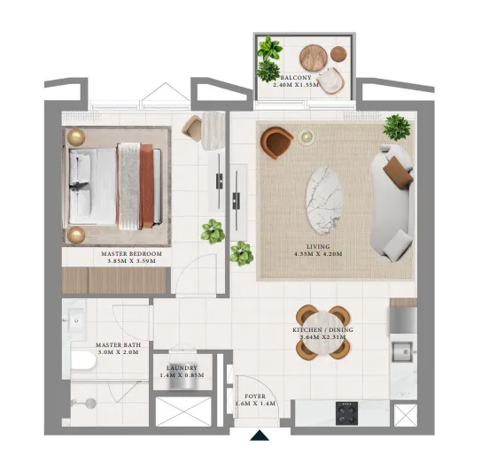 Hillsedge 1 bed floor plan, 708 – 711 sqft