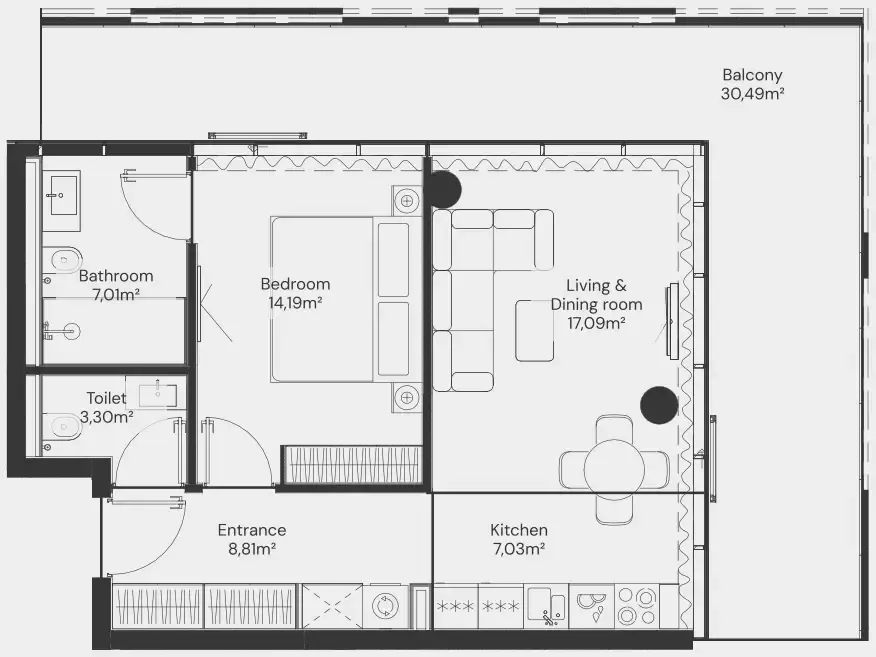 John Richmond District 1 bed floor plan, 946 sqft