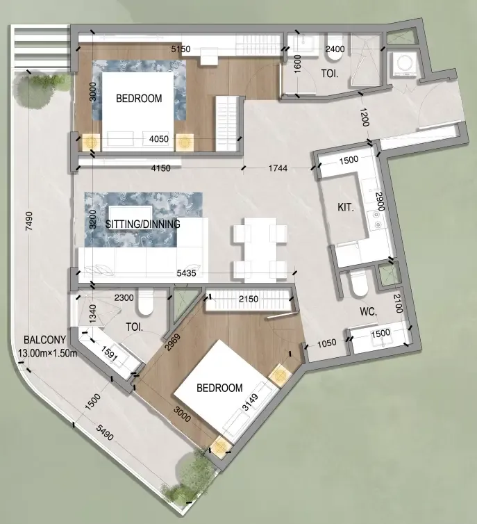 Oasis Residences 2 bed floor plan, 1,038 sqft