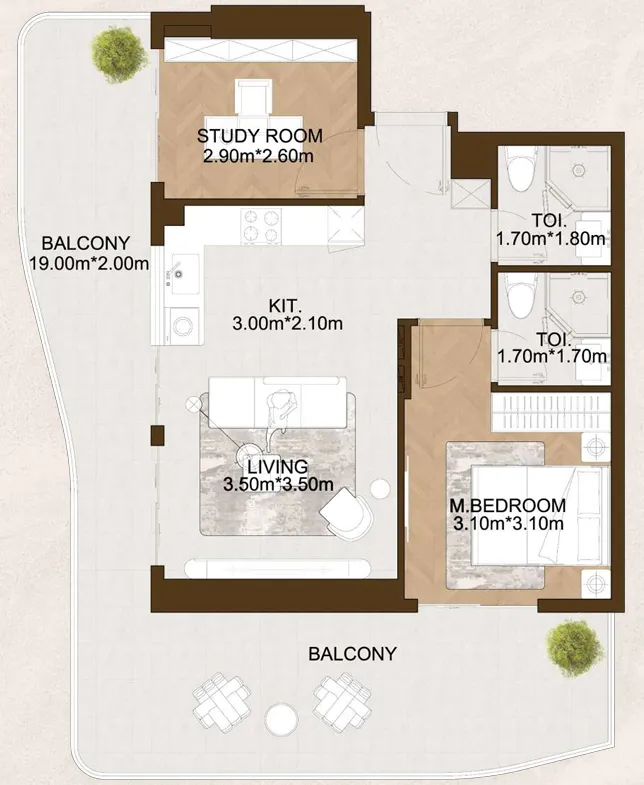 Sports View 2 1 bed floor plan, 873 – 1,045 sqft