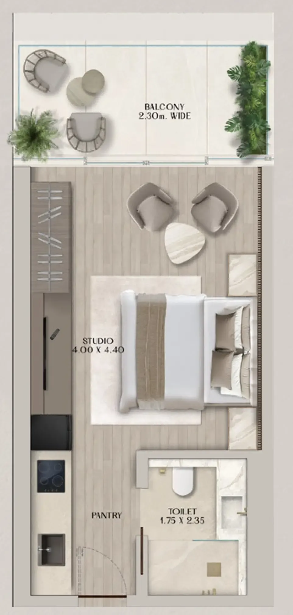 Soléva Beach Residences Studio floor plan, 426 sqft