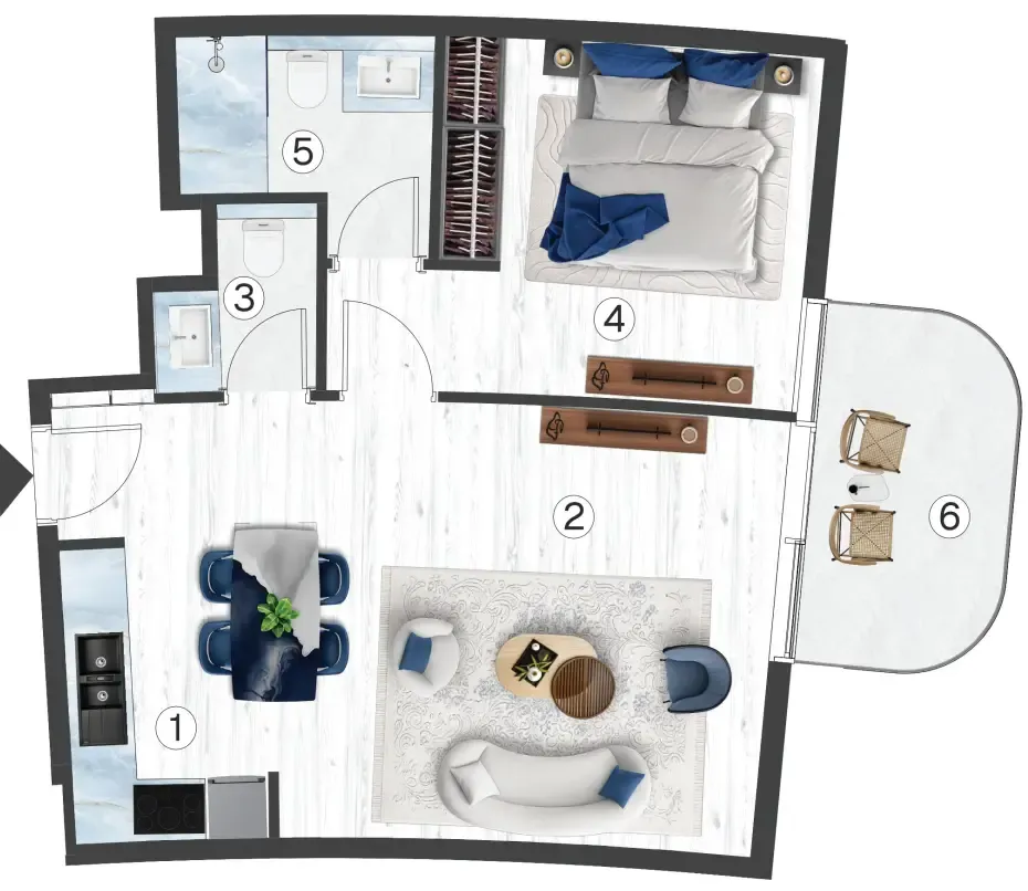 Radisson Blu Hotel & Residences 1 bed floor plan, 610 – 669 sqft