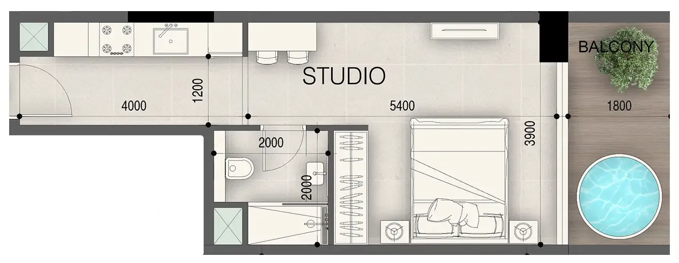 Peace Avenue Studio floor plan, 428 sqft