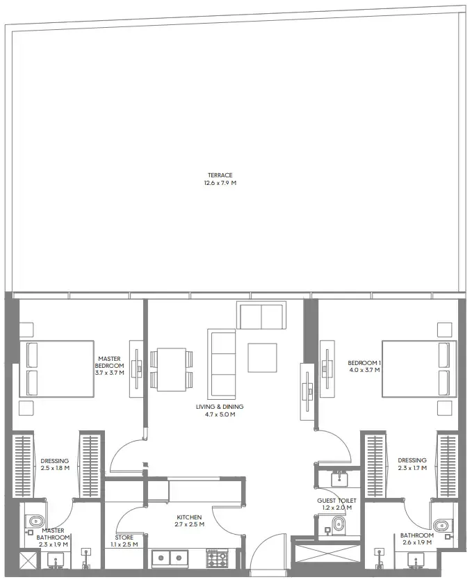 The Gate 3 and 4 2 bed floor plan, 2,154 sqft