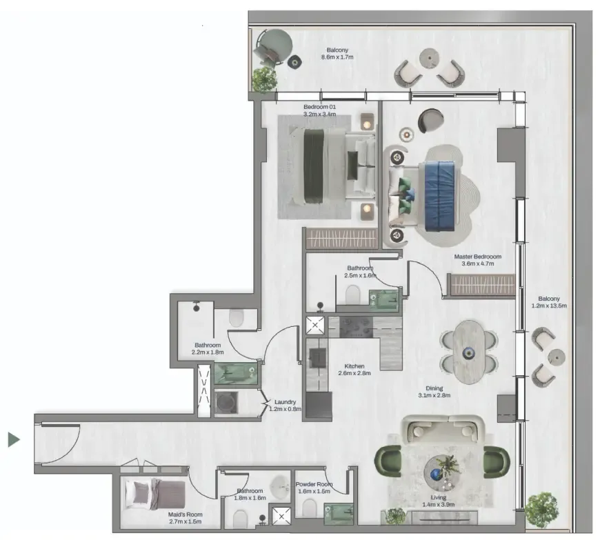 Oceara Park View Residences Phase 1 2 bed floor plan, 1,457 sqft