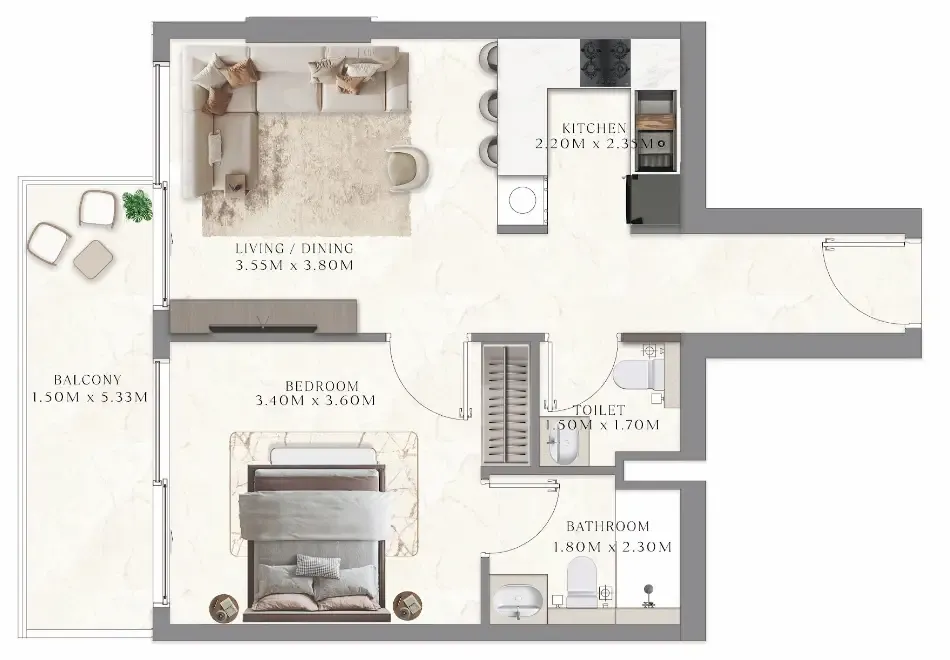 Aum 99 Residences 1 bed floor plan, 634 sqft