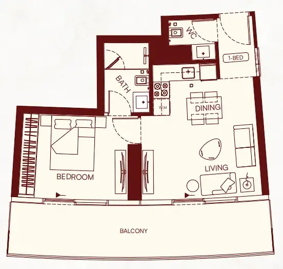 Binghatti Skyflame 1 bed floor plan, 740 sqft