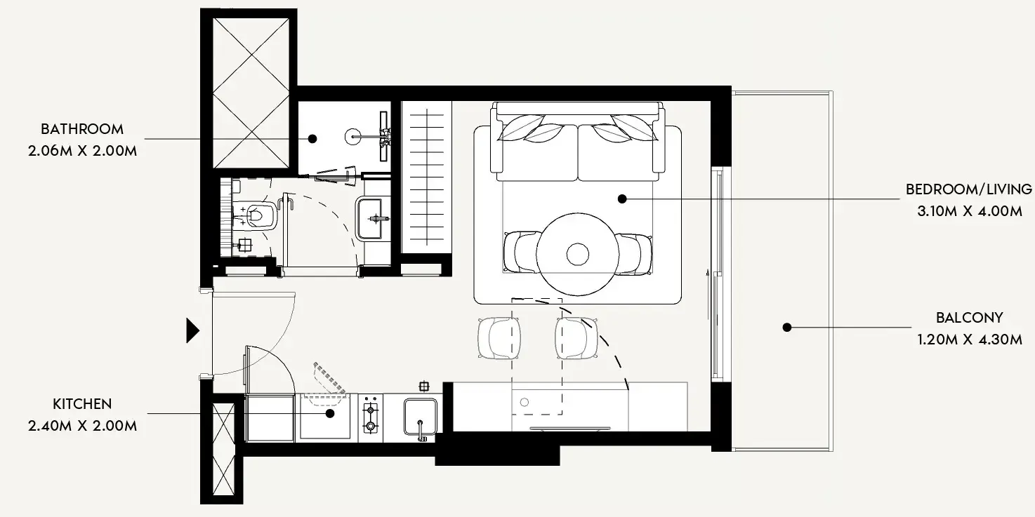Azizi David Studio floor plan, 335 sqft