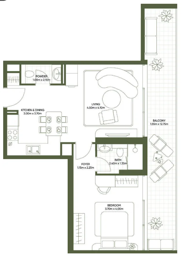 Olivia Gardens 1 bed floor plan, 843 sqft