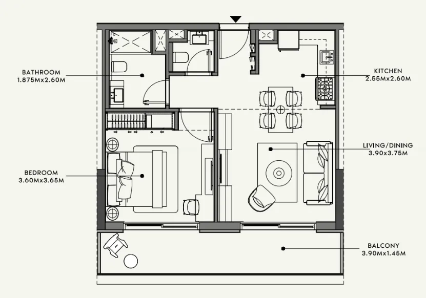 Azizi Venice 1 bed floor plan, 689 sqft