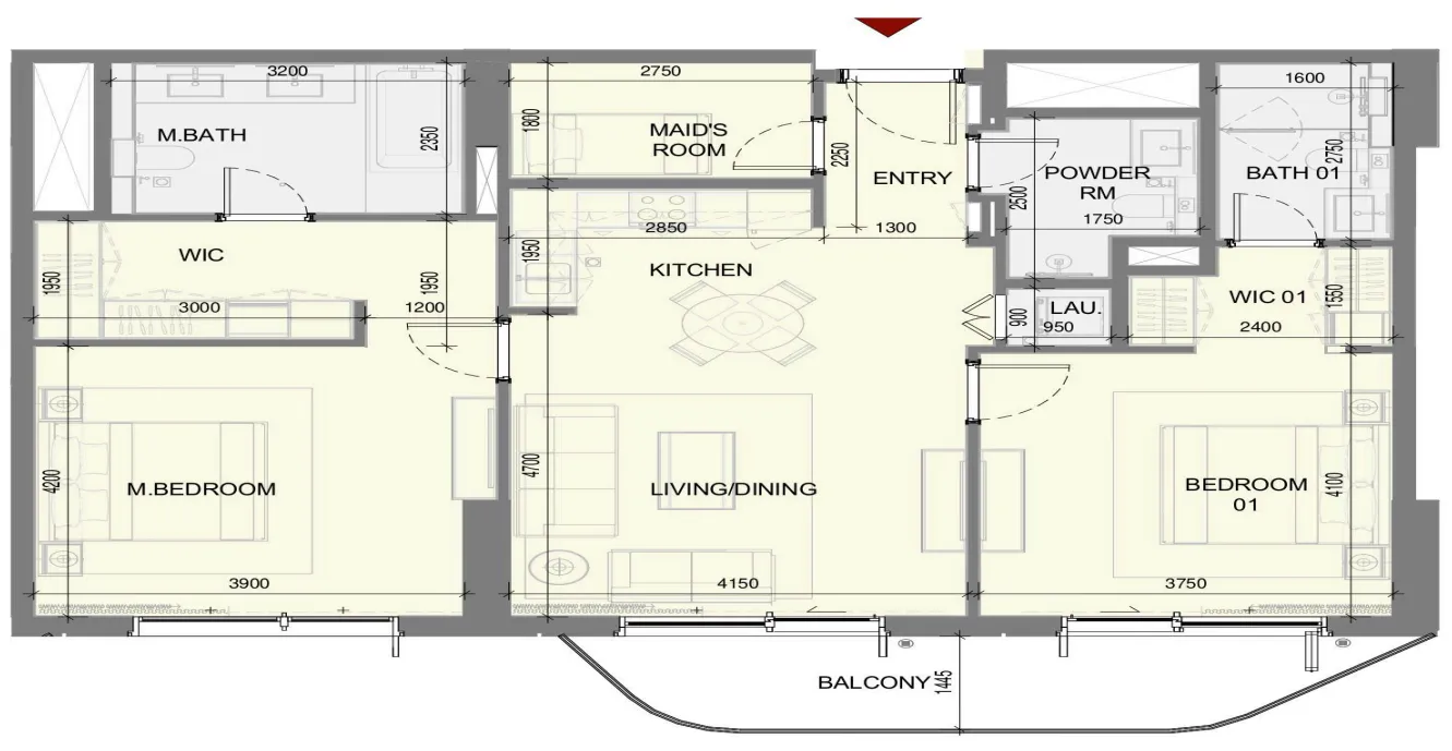 Takaya 2 bed floor plan, 1,258 sqft