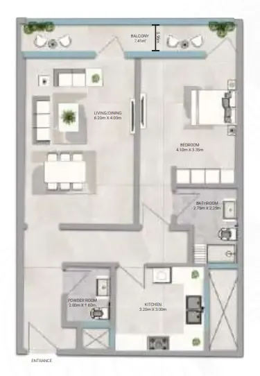 Amwaj Tower 1 bed floor plan, 1,257 sqft