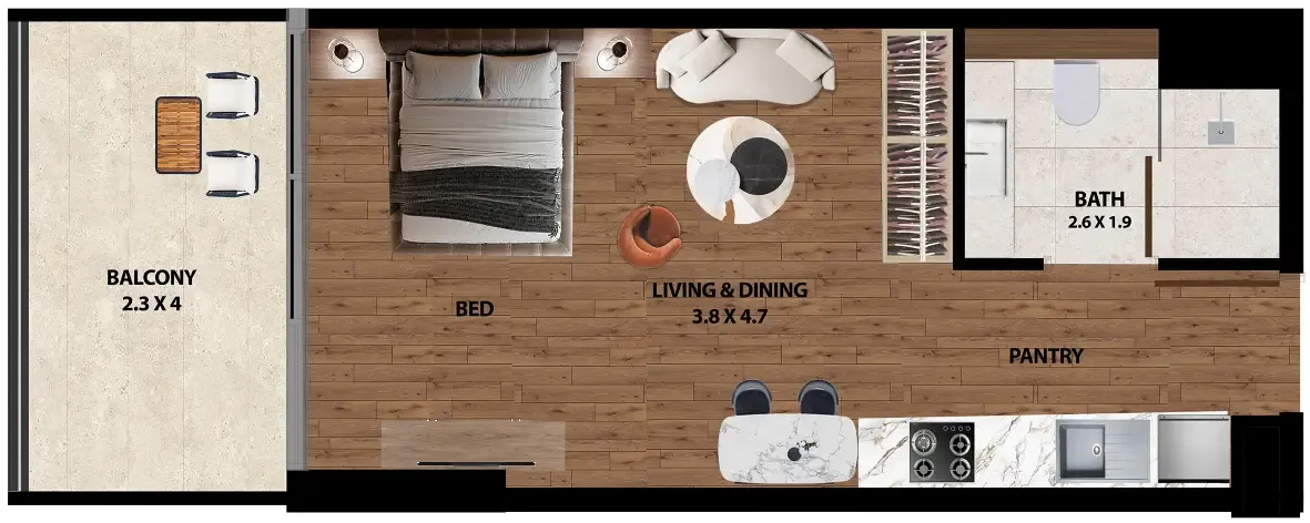 Marquis One Studio floor plan, 443 sqft