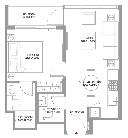 Canalside Marina Residences 1 bed floor plan, 513 sqft