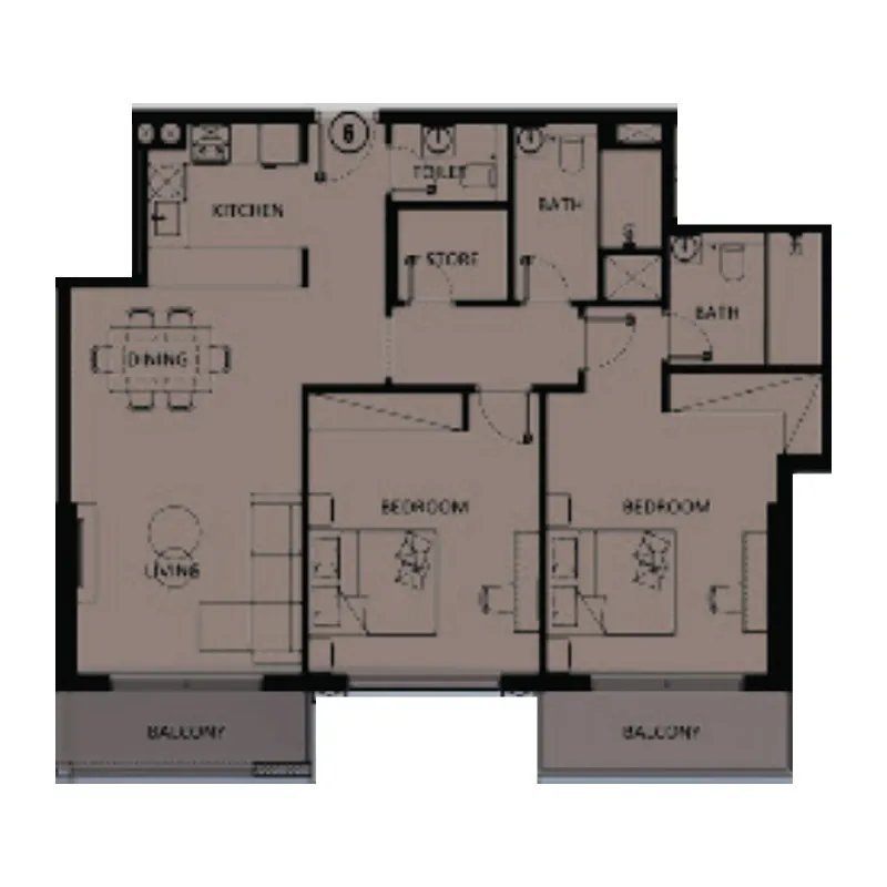 Lilium Tower 2 bed floor plan, 1,102 sqft