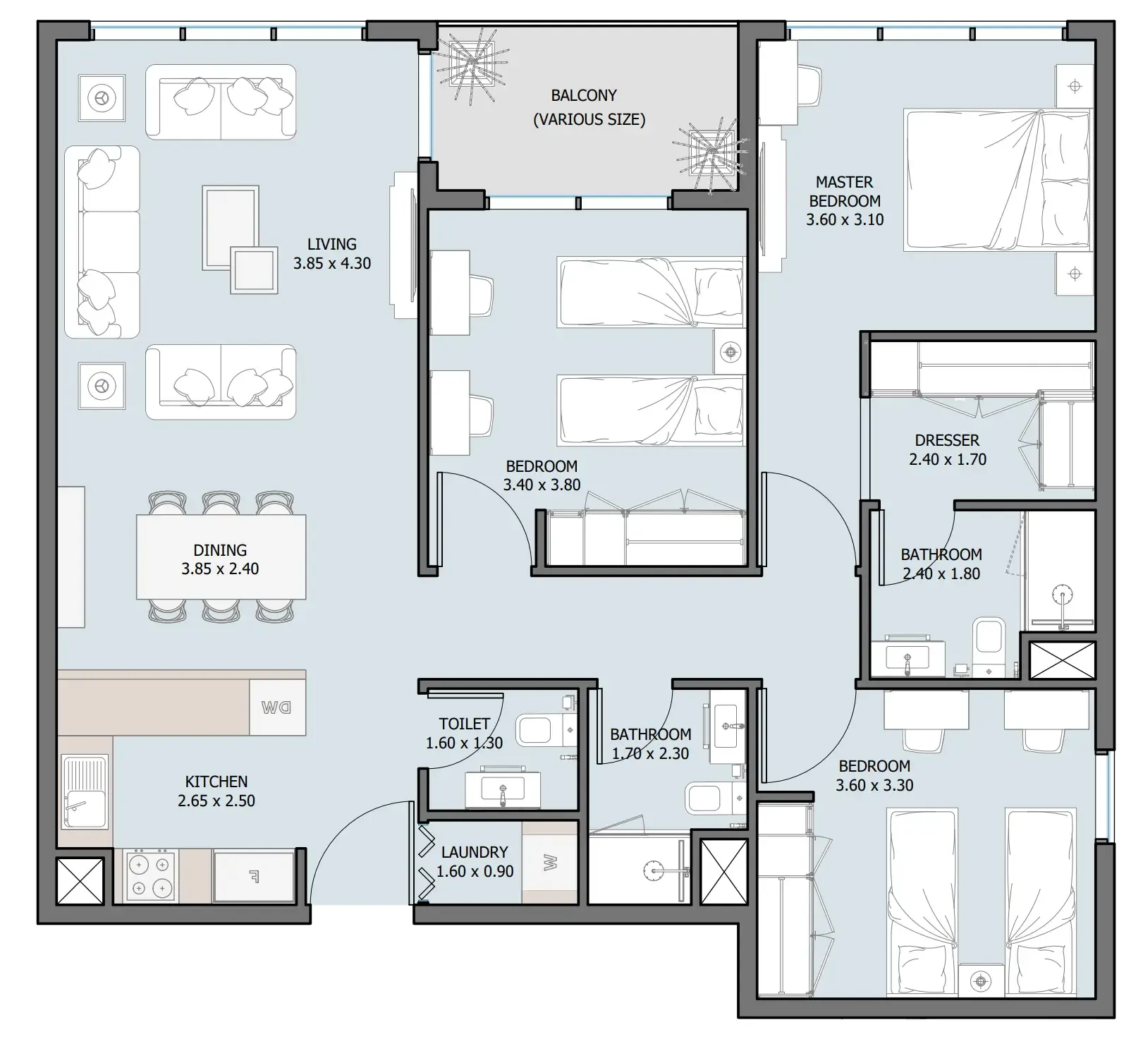 The District 3 bed floor plan, 1,290 sqft
