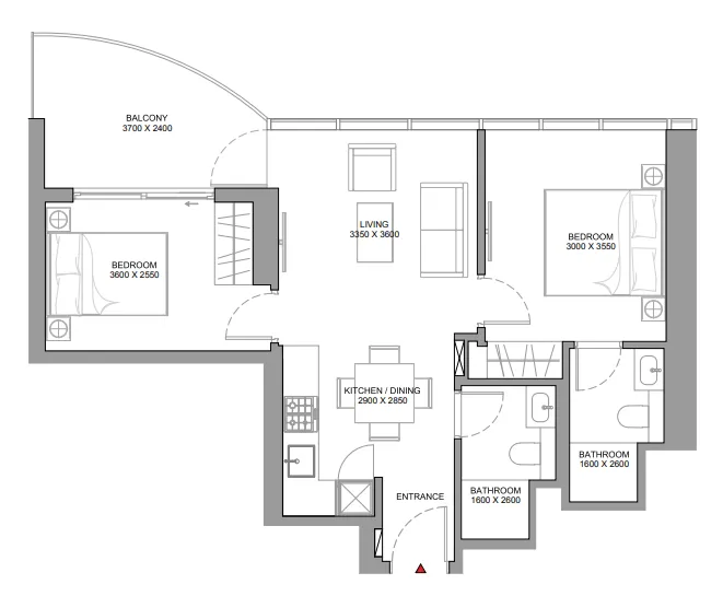 Sobha Aquamont 2 bed floor plan, 802 sqft