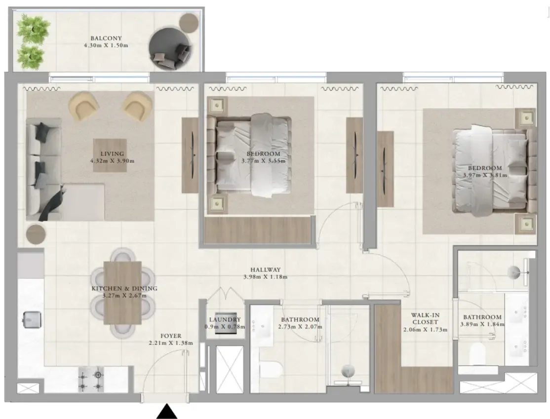 Greenside Residence 2 bed floor plan, 1,080 sqft