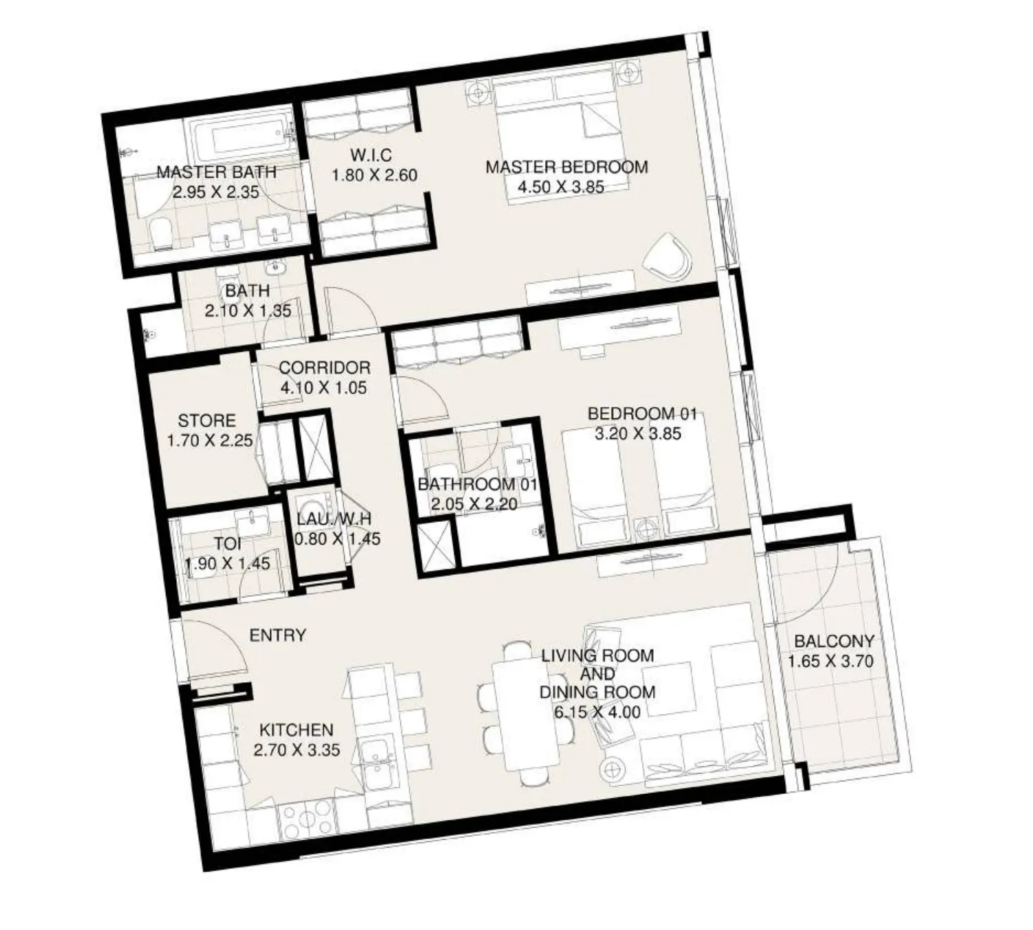 Canal Front Residences 3 and 4 2 bed floor plan, 1,345 sqft