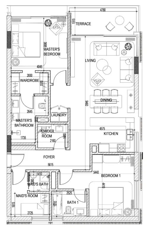 Naseem Al Jurf 2 bed floor plan, 1,345 sqft
