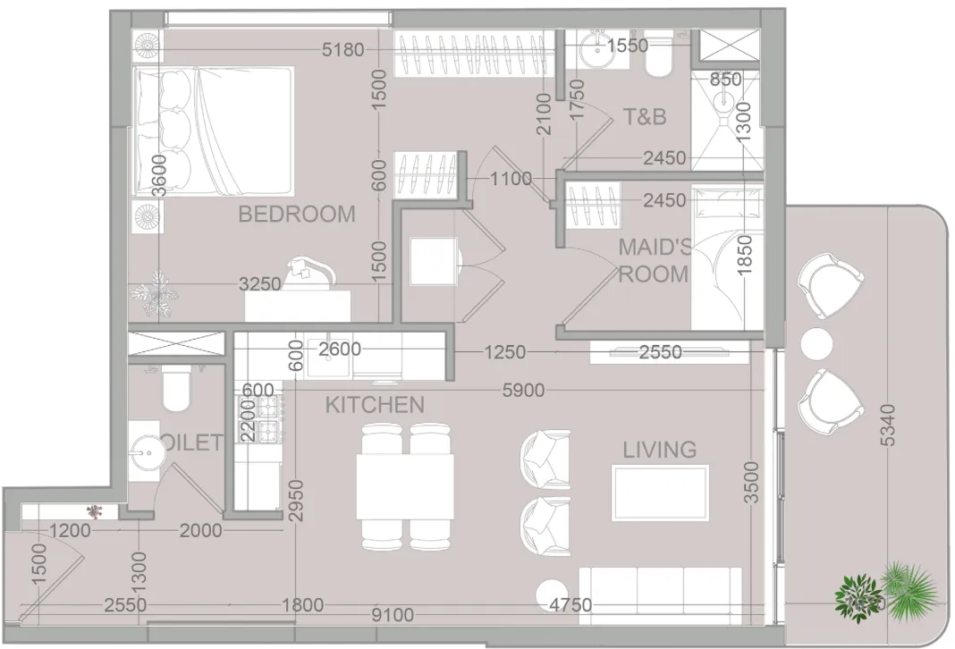 TETR1S Tower 1 bed floor plan, 785 sqft