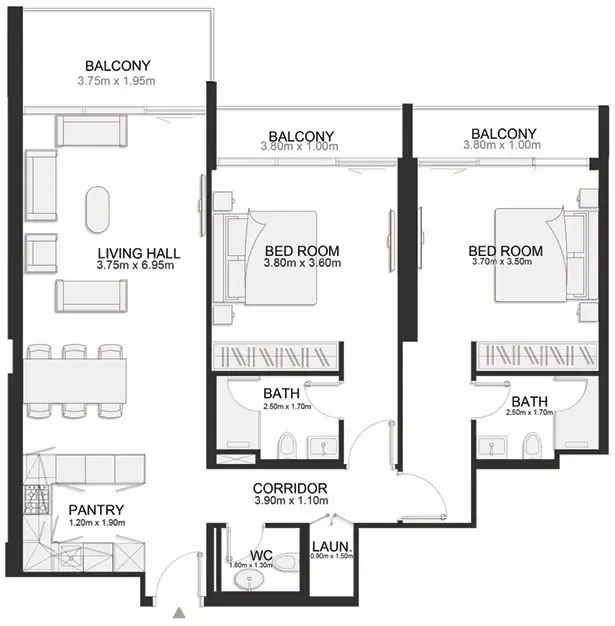 Ashley Hills 2 bed floor plan, 1,246 sqft