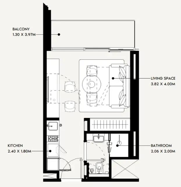 Jaddaf Beach Oasis Studio floor plan, 338 sqft