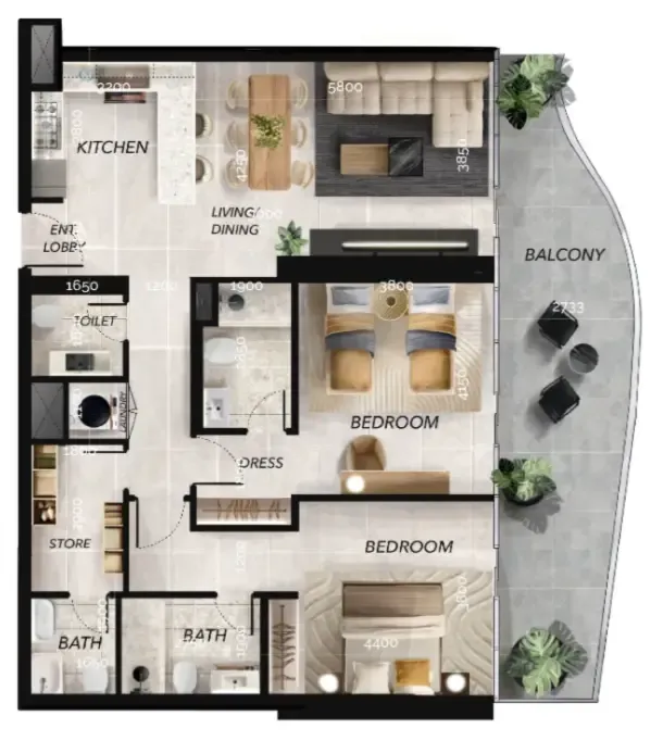 Radiant Waves 2 bed floor plan, 1,491 sqft