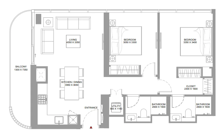 Pearlside Marina Residences 2 bed floor plan, 984 – 987 sqft