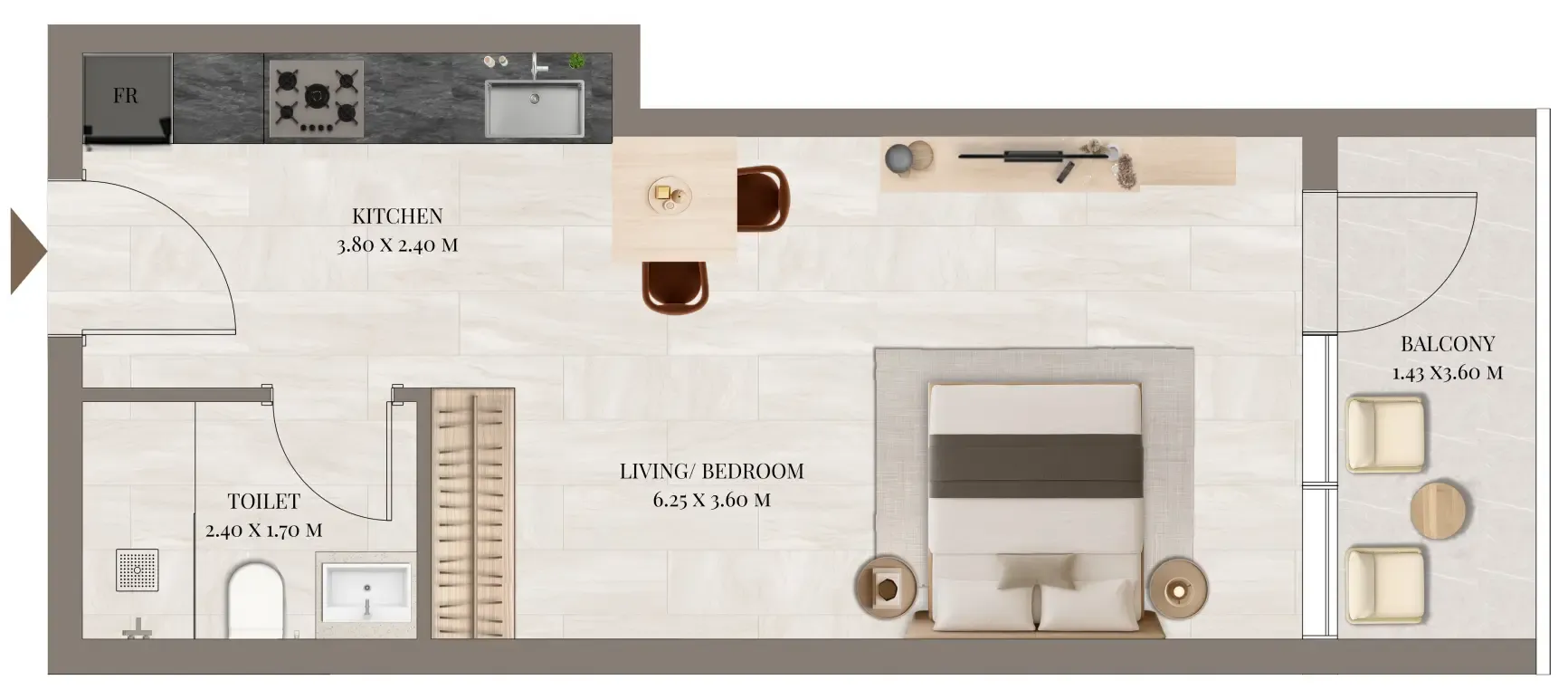 Rivo Studio floor plan, 458 sqft