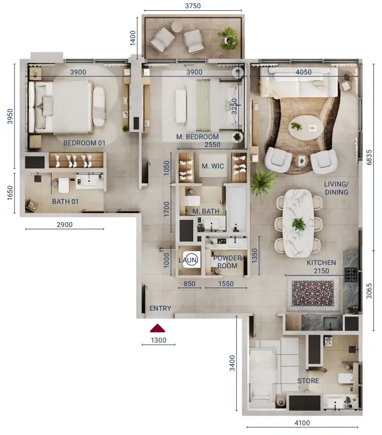 Mirdad 2 bed floor plan, 1,307 sqft
