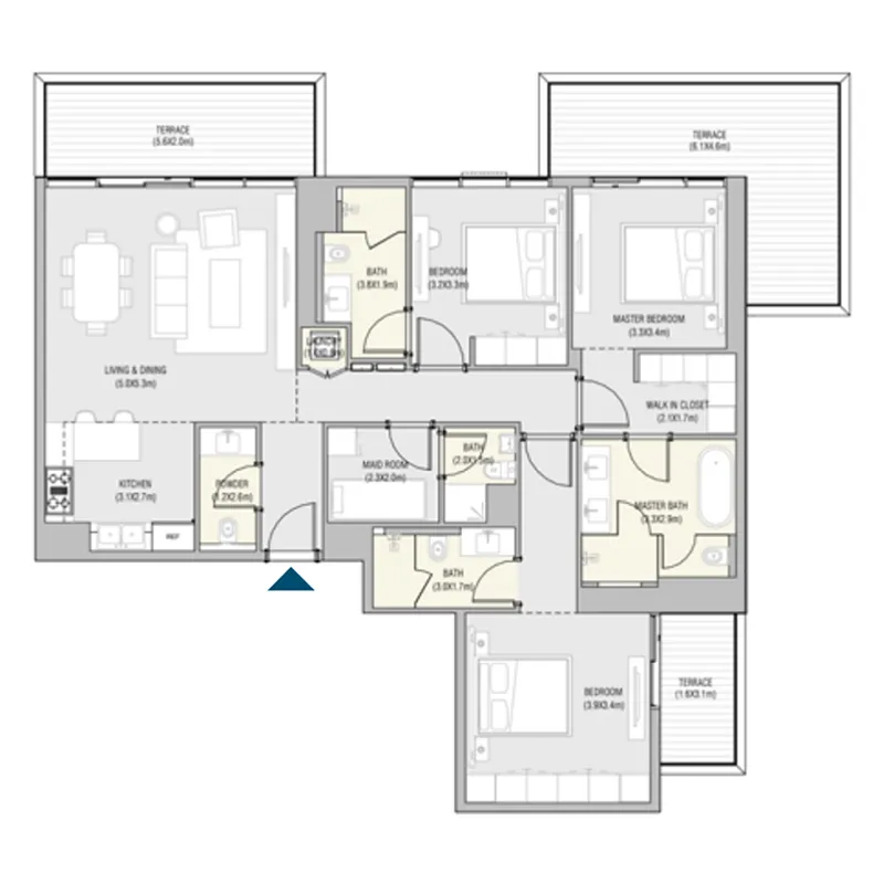 Vida Residences Saadiyat Island 3 bed floor plan, 1,832 sqft