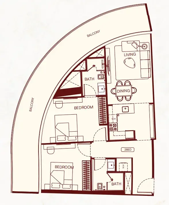 Binghatti Skyflame 2 bed floor plan, 1,254 sqft