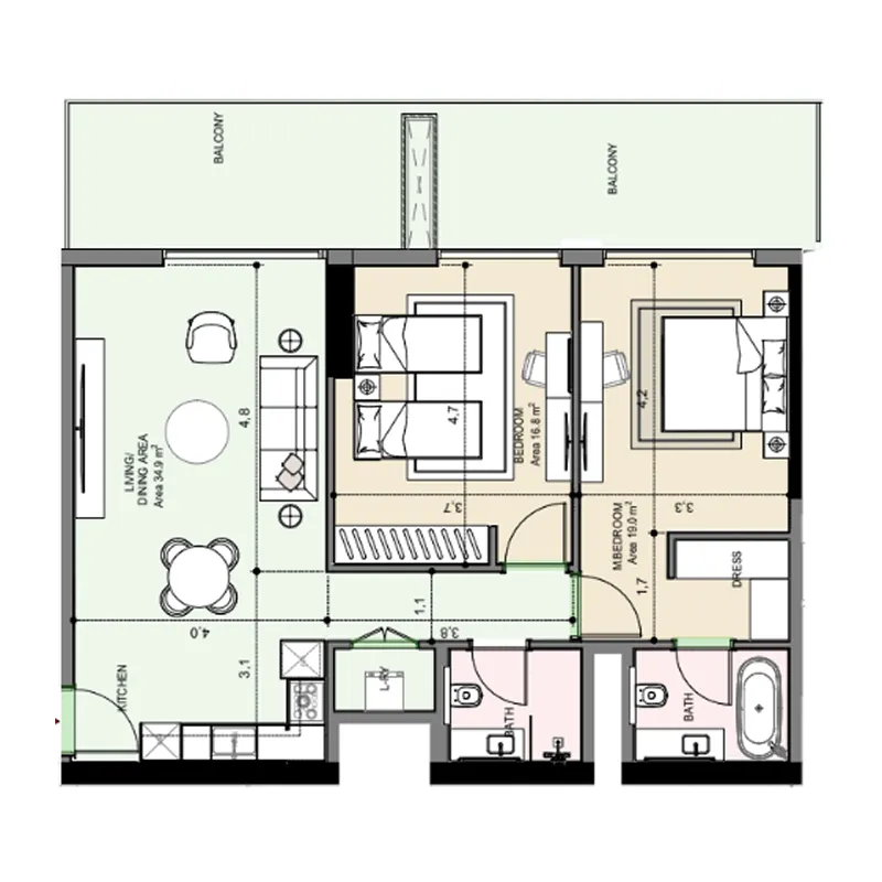 Edgewater Residences 1, 2 and 3 2 bed floor plan, 1,294 sqft