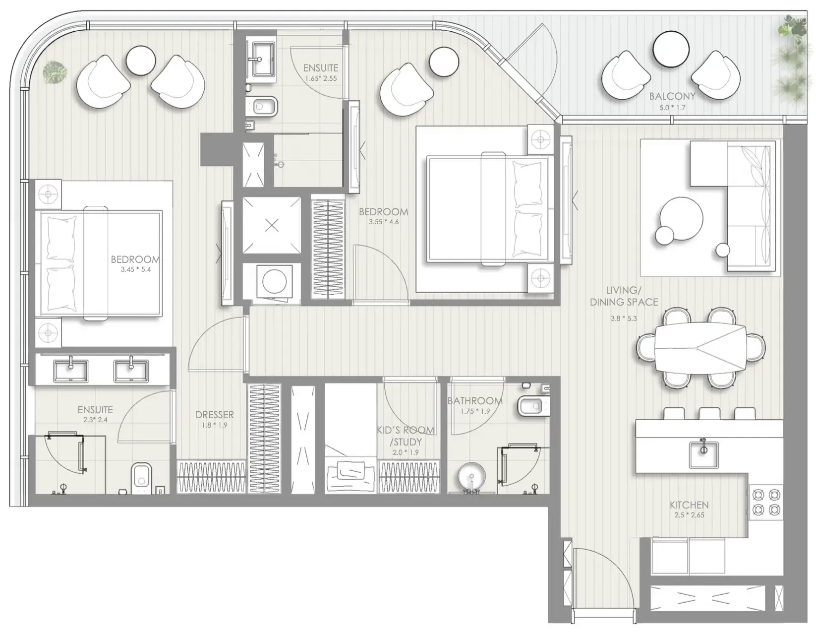 Sol Luxe 2 bed floor plan, 1,200 sqft