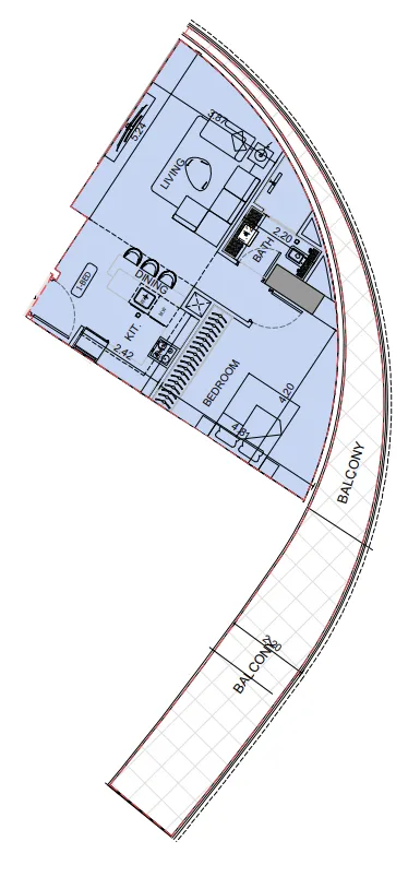 Binghatti Aquarise 1 bed floor plan, 1,018 sqft