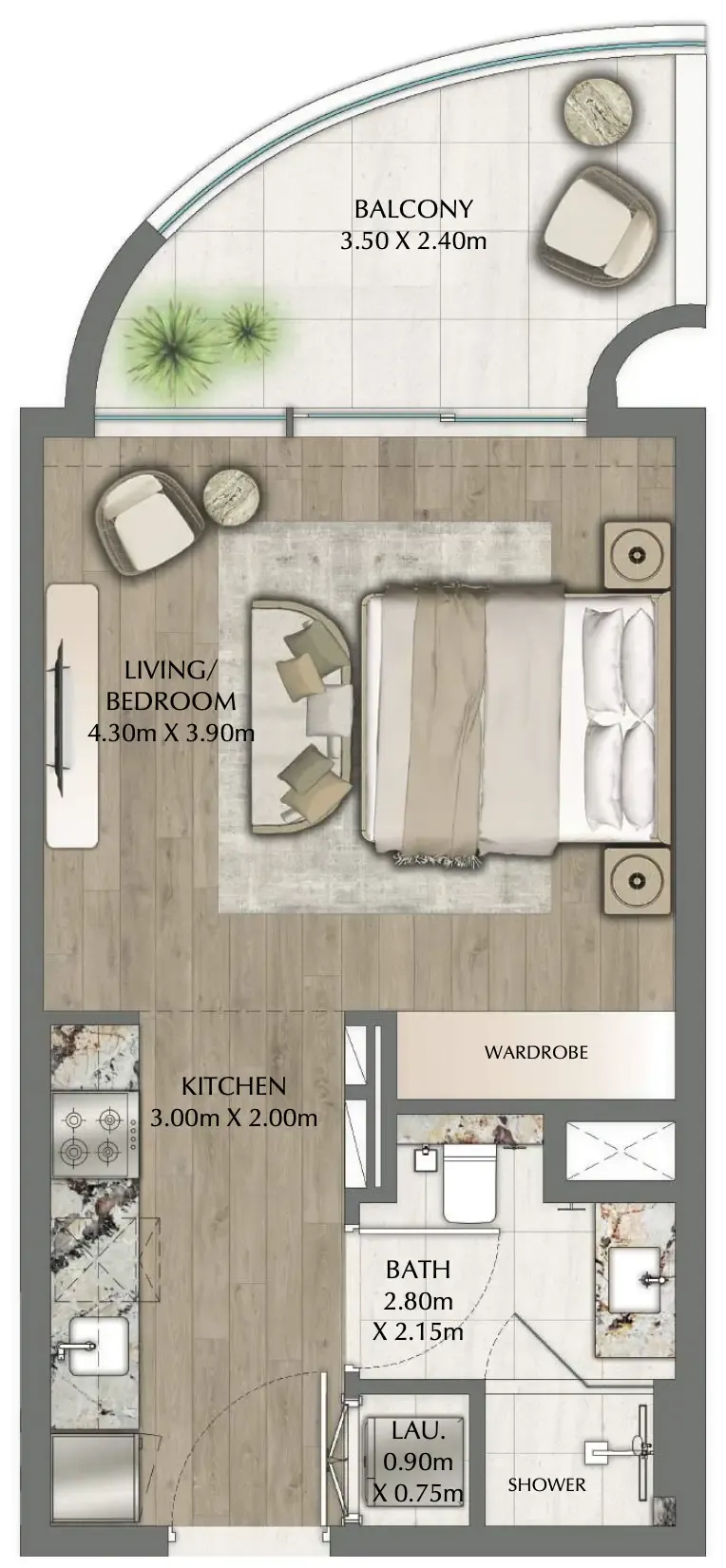 One Residence Studio floor plan, 470 sqft