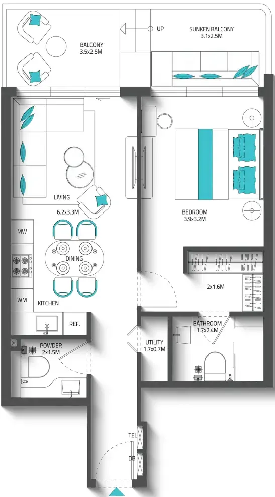 Reef 996 1 bed floor plan, 799 – 809 sqft