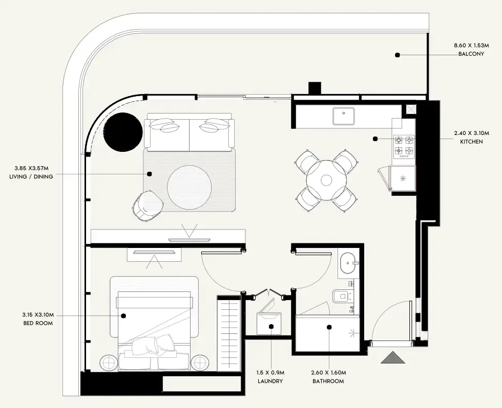Azizi Milan 1 bed floor plan, 744 sqft