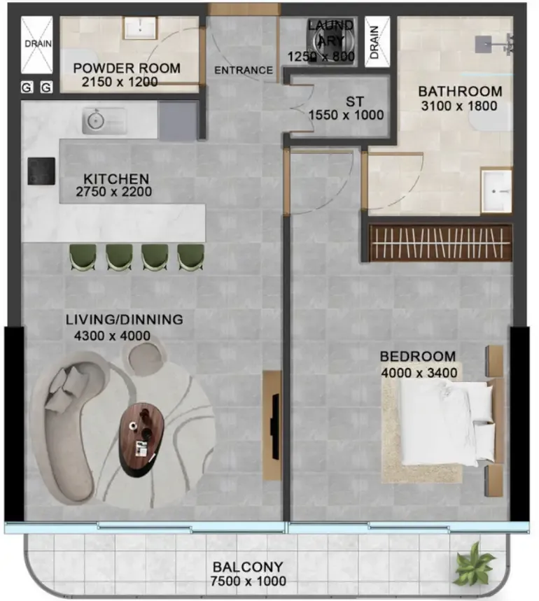 Vivanti Residences by Meteora 1 bed floor plan, 747 sqft