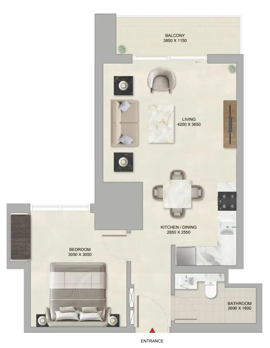 The Tranquil at Sobha Central 1 bed floor plan, 599 sqft