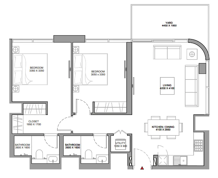 Florine Beach Residences 2 bed floor plan, 965 sqft