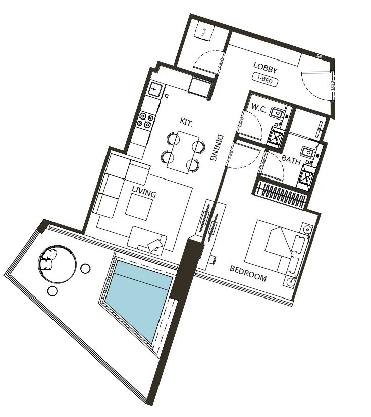 Binghatti Grove 1 bed floor plan, 908 – 915 sqft