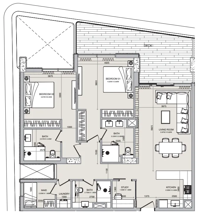Isolana Residences 2 bed floor plan, 1,542 sqft