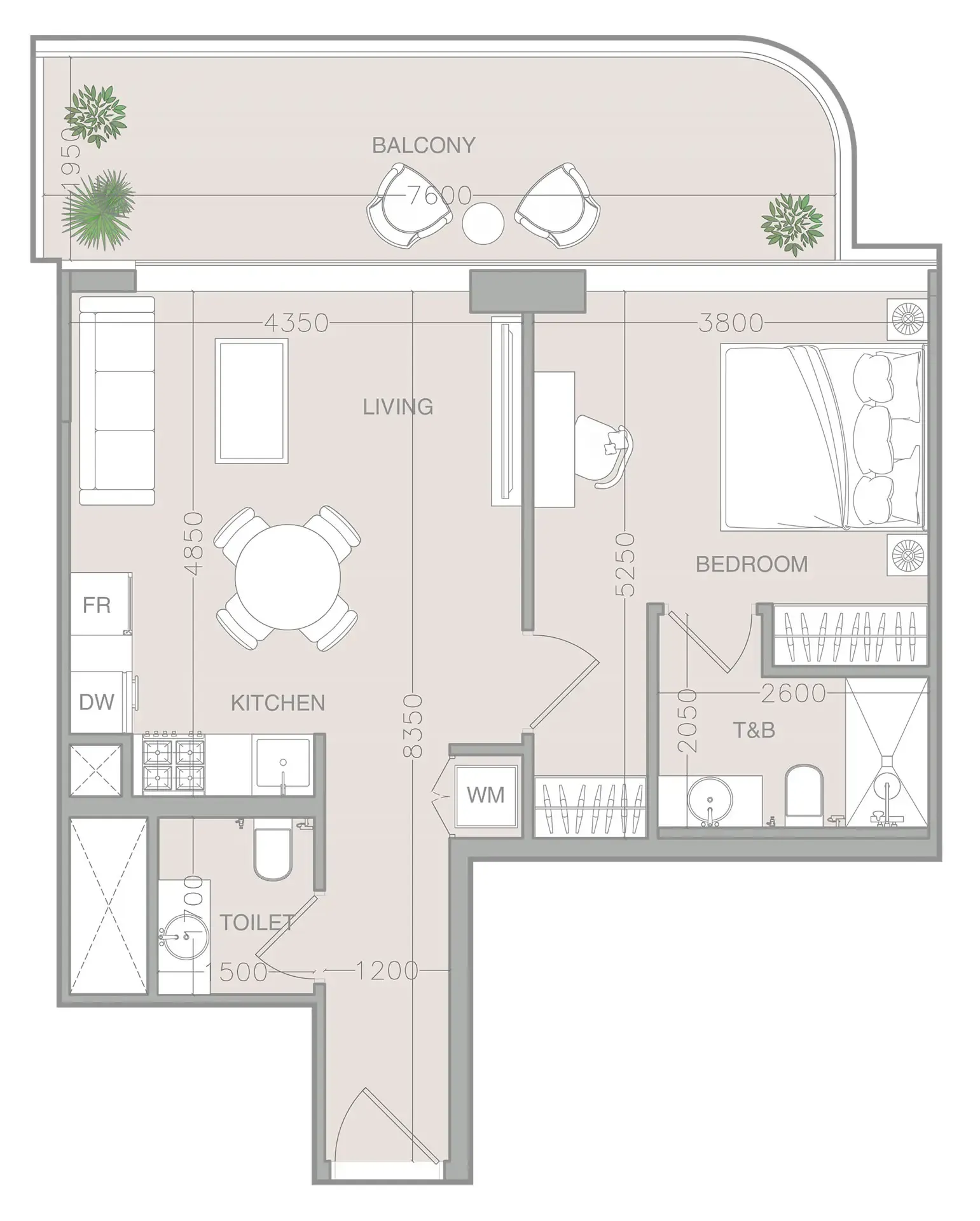 ELAR1S Axis 1 bed floor plan, 740 sqft