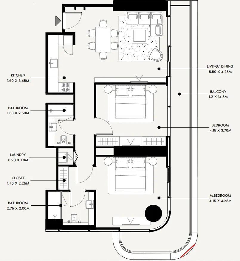 Azizi Milan 2 bed floor plan, 1,240 sqft