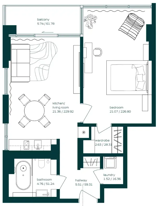 Vibe 1 bed floor plan, 757 sqft